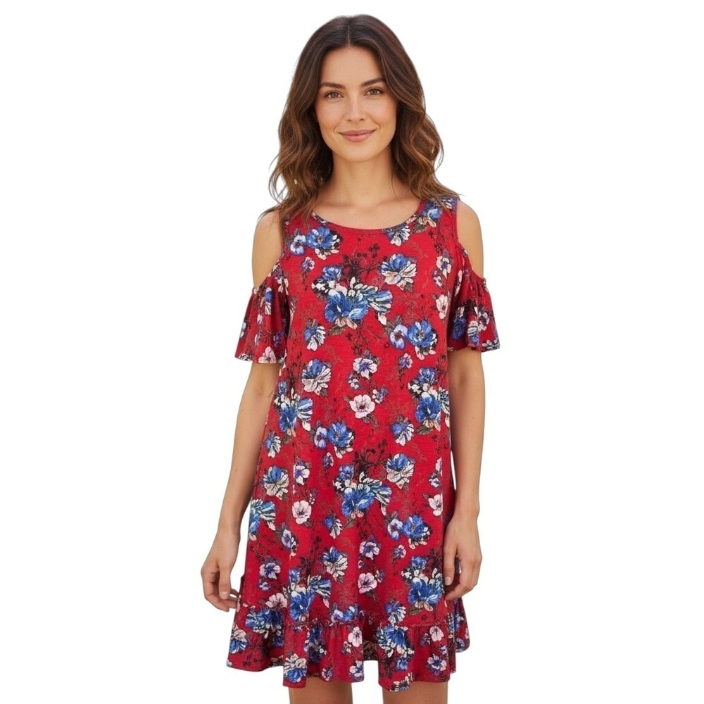 Easel Floral Swing Cold Shoulder with Criss Cross Detail Bottom Ruffle Size XL 